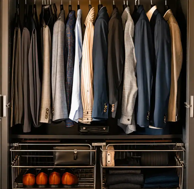 Organized men's wardrobe with jackets, trousers, shoes and accessories