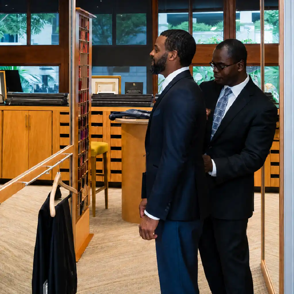 Davelle wardrobe consultant fitting a client's suit jacket