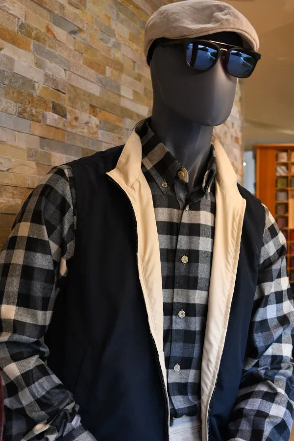 “Men’s black-and-gray plaid shirt layered with a black vest and cream-lined outerwear.”